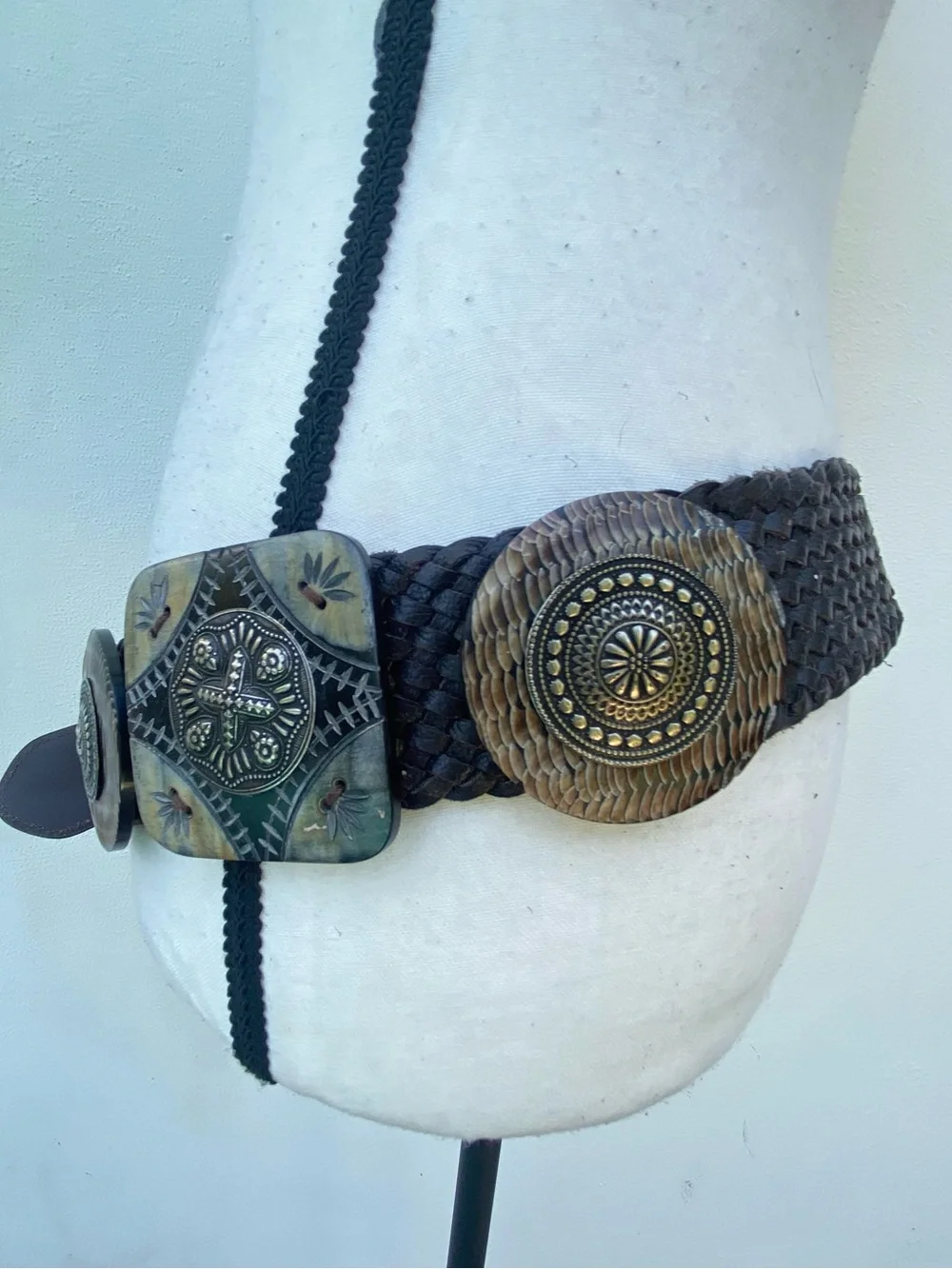 TheY2K Dark Brown Leather Tribal Metal & Wood Embellished Statement Belt Size M